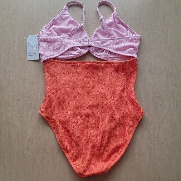 NWT Swimsuit One Piece Cut Out By Time And Tru XL Pink Orange - Picture 3 of 4